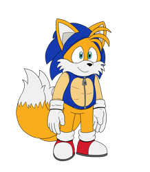 Size: 1085x1244 | Tagged: safe, artist:doomlazy27, miles "tails" prower, sonic the hedgehog, alternate version, cosplay, flat colors, hoodie, kigurumi, looking offscreen, simple background, smile, solo, standing, transparent background, zip