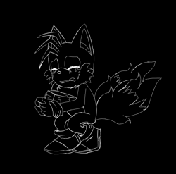 Size: 1302x1285 | Tagged: safe, artist:doomlazy27, miles "tails" prower, comic:where was my hero?, black background, clenched teeth, crouching, crying, eyes closed, holding something, invention, line art, sad, simple background, solo, tears, tears of sadness