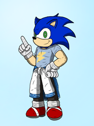 Size: 430x576 | Tagged: safe, artist:doomlazy27, sonic the hedgehog, blue background, clothes, hand on hip, jacket around waist, looking at viewer, pants, pointing, shirt, simple background, smile, solo