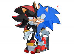 Size: 1600x1200 | Tagged: safe, artist:misurizou_09, shadow the hedgehog, sonic the hedgehog, 2024, clenched teeth, duo, flirting, frown, gay, hands on another's shoulders, heart, holding them, lidded eyes, looking at each other, shadow x sonic, shipping, simple background, smile, standing, white background, wink