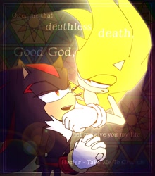 Size: 1446x1646 | Tagged: safe, artist:bubblgsth, shadow the hedgehog, sonic the hedgehog, super sonic, duo, english text, gay, shadow x sonic, shipping, song lyrics, super form