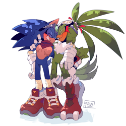 Size: 4500x4500 | Tagged: safe, artist:pastelmangos, jet the hawk, sonic the hedgehog, 2024, alternate version, arm around shoulders, blushing, boom outfit, cute, duo, eyes closed, gay, jet x sonic, jetabetes, shadow (lighting), shipping, signature, smile, sonabetes, standing, top surgery scars, trans boy sonic, trans male, transgender