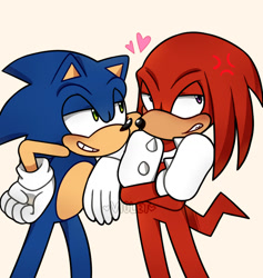 Size: 980x1032 | Tagged: safe, artist:violetmadness7, knuckles the echidna, sonic the hedgehog, arm rest, arms folded, blushing, cream background, cross popping vein, duo, gay, heart, knuxonic, leaning on them, lidded eyes, looking at them, looking away, looking offscreen, shipping, signature, simple background, smile, standing