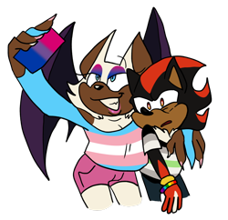 Size: 1280x1239 | Tagged: safe, artist:shedhogs, rouge the bat, shadow the hedgehog, agender, agender pride, alternate outfit, arm around shoulders, bisexual, bisexual pride, bracelet, claws, clothes, duo, eye twitch, flat colors, floating eyebrows, gay, gay pride, holding something, looking at camera, mouth open, phone, selfie, shirt, shorts, smile, standing, trans female, trans pride, transgender