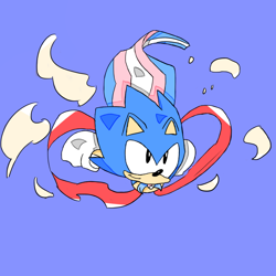 Size: 1000x1000 | Tagged: safe, artist:leecario, sonic the hedgehog, blue background, cape, classic sonic, dust clouds, flat colors, looking ahead, running, simple background, smile, solo, trans pride