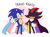 Size: 2048x1535 | Tagged: safe, artist:silvermun, shadow the hedgehog, sonic the hedgehog, ask response, cape, cute, duo, english text, eyes closed, flat colors, gay, gradient background, hand on hip, holding hands, looking at viewer, nonbinary, nonbinary pride, pride, shadow x sonic, shipping, signature, smile, standing, t4t, trans male, trans pride, trans rights, transgender, v sign