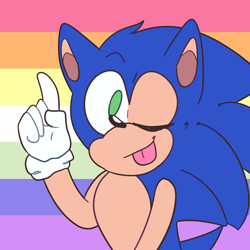 Size: 900x900 | Tagged: safe, artist:enbyshadow, sonic the hedgehog, flat colors, gay pride, icon, looking at viewer, pointing, pride, pride flag background, smile, solo, tongue out, trans gay pride, trans pride, wink