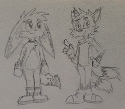 Size: 2048x1789 | Tagged: safe, artist:scrunglepaws, kit the fennec, miles "tails" prower, 2024, duo, hand on hip, line art, looking at viewer, looking offscreen, looking up, pencilwork, pointing, sketch, smile, standing, traditional media