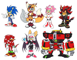 Size: 2048x1604 | Tagged: safe, artist:shadails, amy rose, e-123 omega, knuckles the echidna, miles "tails" prower, rouge the bat, shadow the hedgehog, sonic the hedgehog, frown, gem, goggles, group, older, outline, prosthetic, redesign, robot, simple background, smile, transparent background, yellow sclera