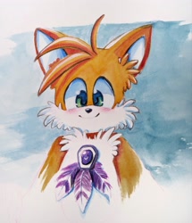 Size: 1758x2048 | Tagged: safe, artist:dravendoodles, miles "tails" prower, sonic adventure, blue background, bust, cute, fluffy, looking offscreen, rhythm badge, smile, solo, tailabetes, traditional media