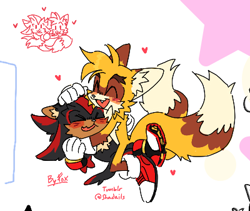 Size: 400x337 | Tagged: safe, artist:shadails, miles "tails" prower, shadow the hedgehog, blushing, cute, duo, gay, heart, hugging, lying down, lying on them, shadow x tails, shadowbetes, shipping, signature, tailabetes