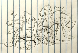 Size: 2048x1411 | Tagged: safe, artist:shadails, miles "tails" prower, shadow the hedgehog, ..., cute, duo, eyes closed, gay, line art, lined paper, looking at them, pencilwork, shadow x tails, shadowbetes, shipping, sitting, sleeping, standing, tailabetes, traditional media, zzz