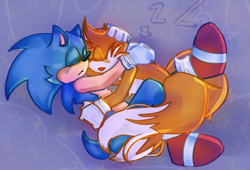 Size: 1375x936 | Tagged: safe, artist:r-ookie, miles "tails" prower, sonic the hedgehog, abstract background, blushing, cuddling, duo, eyes closed, frown, mouth open, sleeping, star (symbol), zzz