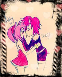 Size: 900x1112 | Tagged: safe, artist:dinamitad, amy rose, sonia the hedgehog, human, 2015, blushing, character name, duo, eyes closed, holding each other, humanized, kiss, lesbian, shipping, soniamy, standing, traditional media