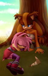 Size: 1000x1588 | Tagged: safe, artist:ilightningstari, amy rose, sticks the badger, 2015, abstract background, blushing, boomerang, clouds, daytime, duo, frown, grass, leaning on them, lesbian, lidded eyes, lineless, looking away, lying down, lying on side, outdoors, shipping, sitting, smile, sonic boom (tv), sticksamy, tree, under a tree