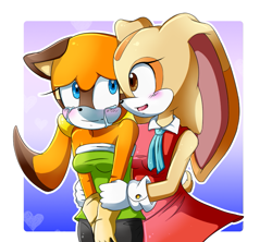 Size: 783x695 | Tagged: safe, artist:anthocat, cream the rabbit, marine the raccoon, 2014, blushing, border, comforting, crying, duo, floppy ears, gradient background, heart, holding them, lesbian, looking at each other, maream, outline, sad, shipping, smile, standing, tears