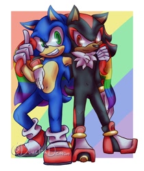 Size: 1040x1240 | Tagged: safe, artist:blueinkydemon, shadow the hedgehog, sonic the hedgehog, 2023, border, duo, gay, gay pride, holding something, pointing, pride, pride flag background, shadow x sonic, shipping, signature, smile, standing