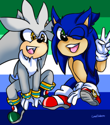 Size: 2940x3360 | Tagged: safe, artist:mslunarumbreon, silver the hedgehog, sonic the hedgehog, 2023, duo, gay, gay pride, mlm pride, pride, pride flag background, shipping, signature, sitting, smile, sonilver, v sign, wink