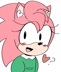 Size: 1116x1331 | Tagged: safe, artist:ktt_nsurgelover, amy rose, 2024, amybetes, blushing, classic amy, cute, ear fluff, flat colors, heart, looking offscreen, question mark, simple background, solo, white background