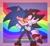 Size: 1602x1475 | Tagged: safe, artist:odsonadow, shadow the hedgehog, sonic the hedgehog, 2023, blushing, border, carrying them, cute, duo, english text, eyes closed, gay, gay pride, hands on another's face, looking at them, mouth open, pride, pride month, rainbow, shadow x sonic, shipping, signature, smile, wagging tail