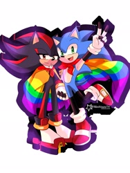 Size: 1536x2048 | Tagged: safe, artist:mochiuwu74, shadow the hedgehog, sonic the hedgehog, 2023, cape, cute, gay, gay pride, lidded eyes, looking at viewer, outline, pride, shadow x sonic, shadowbetes, shipping, signature, simple background, smile, sonabetes, standing, standing on one leg, stockings, v sign, white background