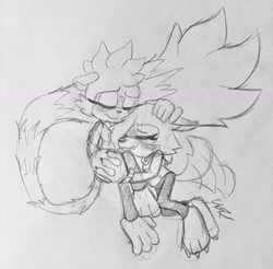 Size: 2048x2018 | Tagged: safe, artist:sonicrelated, tangle the lemur, whisper the wolf, 2023, barefoot, blushing, claws, cute, eyes closed, floppy ears, holding hands, hugging, lesbian, line art, monochrome, paws, pencilwork, shipping, signature, smile, tangabetes, tangle x whisper, three toes, traditional media, wagging tail, whispabetes