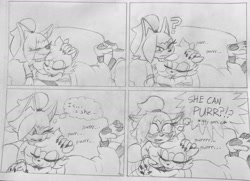 Size: 2048x1482 | Tagged: safe, artist:sonicrelated, tangle the lemur, whisper the wolf, 2023, blanket, blushing, blushing ears, comic, couch, cute, dialogue, english text, holding each other, lesbian, line art, lying down, monochrome, panels, pencilwork, purring, question mark, sfx, shipping, snuggling, surprised, tangabetes, tangle x whisper, thought bubble, traditional media, whispabetes