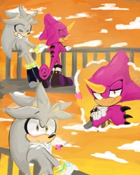 Size: 1535x1914 | Tagged: safe, artist:luminous3190, espio the chameleon, silver the hedgehog, 2024, blushing, clouds, duo, eyes closed, gay, heart, lidded eyes, looking at them, outdoors, railing, shipping, silvio, standing, sunset