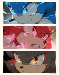 Size: 1069x1365 | Tagged: safe, artist:sk_rokuro, knuckles the echidna, shadow the hedgehog, sonic the hedgehog, sonic the hedgehog 3 (film), 2024, clenched teeth, close-up, electricity, frown, glowing eyes, looking offscreen, poster, signature, smile, trio