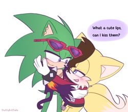 Size: 2000x1759 | Tagged: safe, artist:fluffyeviltails, miles (anti-mobius), scourge the hedgehog, 2024, blushing, dialogue, duo, english text, flirting, gay, holding each other, lidded eyes, looking at each other, scouriles, shipping, signature, simple background, smile, speech bubble, standing, white background