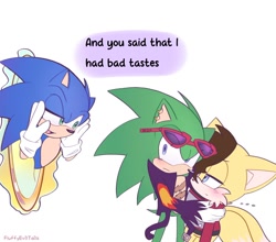 Size: 2000x1759 | Tagged: safe, artist:fluffyeviltails, miles (anti-mobius), scourge the hedgehog, sonic the hedgehog, ..., 2024, blushing, dialogue, english text, frown, gay, holding each other, lidded eyes, looking at each other, looking at them, looking at viewer, mouth open, portal, scouriles, self paradox, shipping, signature, smile, standing, surprised, trio