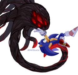 Size: 1000x970 | Tagged: safe, artist:shipslucia, shadow the hedgehog, sonic the hedgehog, sonic x shadow generations, 2024, doom shadow, duo, gay, hand on another's face, looking at each other, lying down, shadow x sonic, shipping, signature, simple background, white background