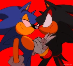 Size: 1408x1263 | Tagged: safe, artist:candyypirate, shadow the hedgehog, sonic the hedgehog, 2023, alternate universe, au:game on (candyypirate), duo, frown, gay, holding hands, lidded eyes, looking at each other, red background, shadow x sonic, shipping, simple background, smile, standing