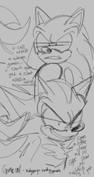 Size: 938x1748 | Tagged: safe, artist:candyypirate, shadow the hedgehog, sonic the hedgehog, 2024, alternate version, au:game on (candyypirate), dialogue, duo, english text, grey background, line art, monochrome, signature, simple background, sketch, smirk, smug, squinting