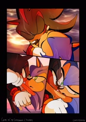 Size: 1451x2048 | Tagged: safe, artist:candyypirate, shadow the hedgehog, sonic the hedgehog, 2024, abstract background, alternate universe, au:game on (candyypirate), clouds, comic, daytime, duo, eyes closed, gay, kiss, lidded eyes, looking at each other, looking away, mouth open, outdoors, shadow x sonic, shipping, signature, water, wet