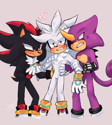 Size: 1240x1378 | Tagged: safe, artist:clouud_cat, espio the chameleon, shadow the hedgehog, silver the hedgehog, 2024, angry, arguement, beige background, blushing, frown, gay, holding another's arm, holding them, jealously, looking at each other, love triangle, shadow x silver, shipping, signature, silvio, simple background, standing, sweatdrop, trio