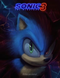 Size: 1583x2048 | Tagged: safe, artist:ls1389, sonic the hedgehog, sonic the hedgehog 3 (film), 2024, abstract background, electricity, english text, frown, heterochromia, looking at viewer, movie poster, poster, solo