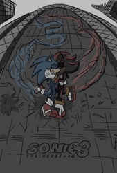 Size: 810x1200 | Tagged: safe, artist:zeronighthaze, shadow the hedgehog, sonic the hedgehog, sonic the hedgehog 3 (film), abstract background, broken glass, duo, eyes closed, gay, holding each other, kiss, movie poster, outdoors, poster, running, shadow x sonic, shipping