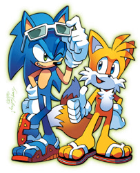 Size: 612x754 | Tagged: safe, artist:tracy yardley, miles "tails" prower, sonic the hedgehog, fox, hedgehog, blue eyes, flipflops, gloves, green eyes, male, one eye closed, paws, sandals, smile, sunglasses, thumbs up, two tails, white background, wink