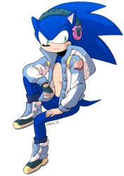 Size: 387x551 | Tagged: safe, artist:general-radix, sonic the hedgehog, hedgehog, aoba seragaki, blue fur, cosplay, dramatical murder, green eyes, headphones, jacket, leg warmers, male, shoes, single fingerless glove