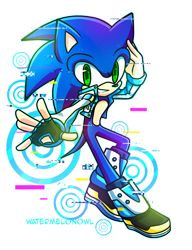 Size: 600x780 | Tagged: safe, artist:watermelonowl, sonic the hedgehog, hedgehog, aoba seragaki, blue fur, cosplay, dramatical murder, green eyes, jacket, leg warmers, male, shoes, single fingerless glove