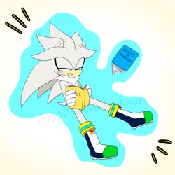 Size: 1377x1377 | Tagged: safe, artist:soramame447_sub, silver the hedgehog, 2023, book, eyes closed, holding something, psychokinesis, smile, solo