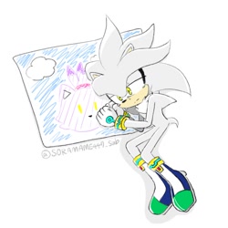 Size: 1377x1377 | Tagged: safe, artist:soramame447_sub, blaze the cat, silver the hedgehog, crying, drawing, lying down, sad, simple background, solo, white background