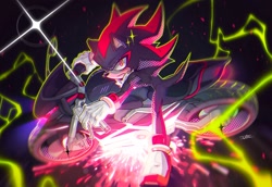 Size: 2048x1407 | Tagged: safe, artist:tarakashka_vis, shadow the hedgehog, sonic the hedgehog 3 (film), 2024, electricity, frown, looking at viewer, motorcycle, outline, redraw, shine, solo, sparkles