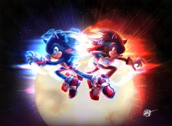 Size: 2048x1500 | Tagged: safe, artist:blz151101, shadow the hedgehog, sonic the hedgehog, sonic adventure 2, sonic the hedgehog 3 (film), 2024, electricity, frown, looking at viewer, mid-air, moon, nighttime, outdoors, posing, signature, smile