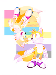 Size: 1535x2048 | Tagged: safe, artist:n0ughtical-nonsense, miles "tails" prower, duality, flag, nonbinary, nonbinary pride, pansexual, pansexual pride, pride, pride flag, signature, simple background, white background