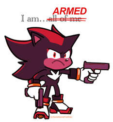 Size: 552x592 | Tagged: safe, artist:seldompathic, shadow the hedgehog, sonic the hedgehog 3 (film), chibi, cute, english text, frown, gun, holding something, i am all of me, shadowbetes, signature, simple background, solo, standing, too cute to be taken seriously, white background