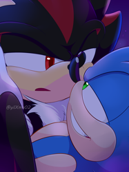 Size: 1280x1707 | Tagged: safe, artist:yilxma02, shadow the hedgehog, sonic the hedgehog, 2024, close-up, duo, frown, gay, lidded eyes, looking at each other, shadow x sonic, shipping, signature, smile