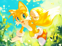 Size: 1024x772 | Tagged: safe, ai art, artist:dreamup.ai, miles "tails" prower, 2024, abstract background, clenched fist, grass, looking at viewer, mid-air, outdoors, prompter:leork-dream, smile, solo