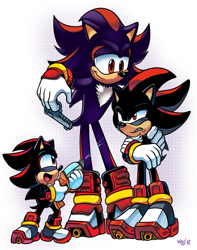 Size: 839x1063 | Tagged: safe, artist:waniramirez, shadow the hedgehog, classic shadow, self paradox, sonic boom (tv), trio, water gun